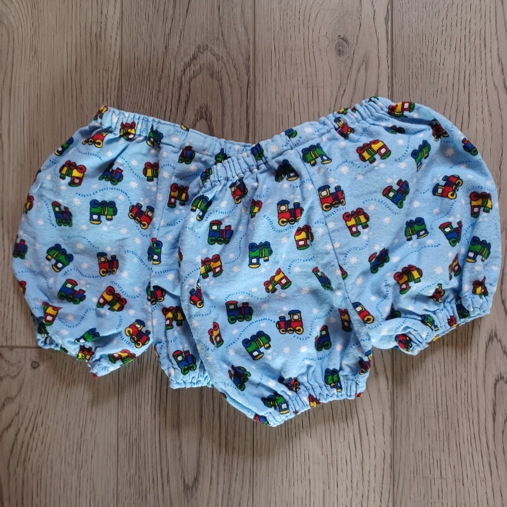 New Handmade Flannel Diaper Covers/ Bloomers Light Blue With Colorful Trains